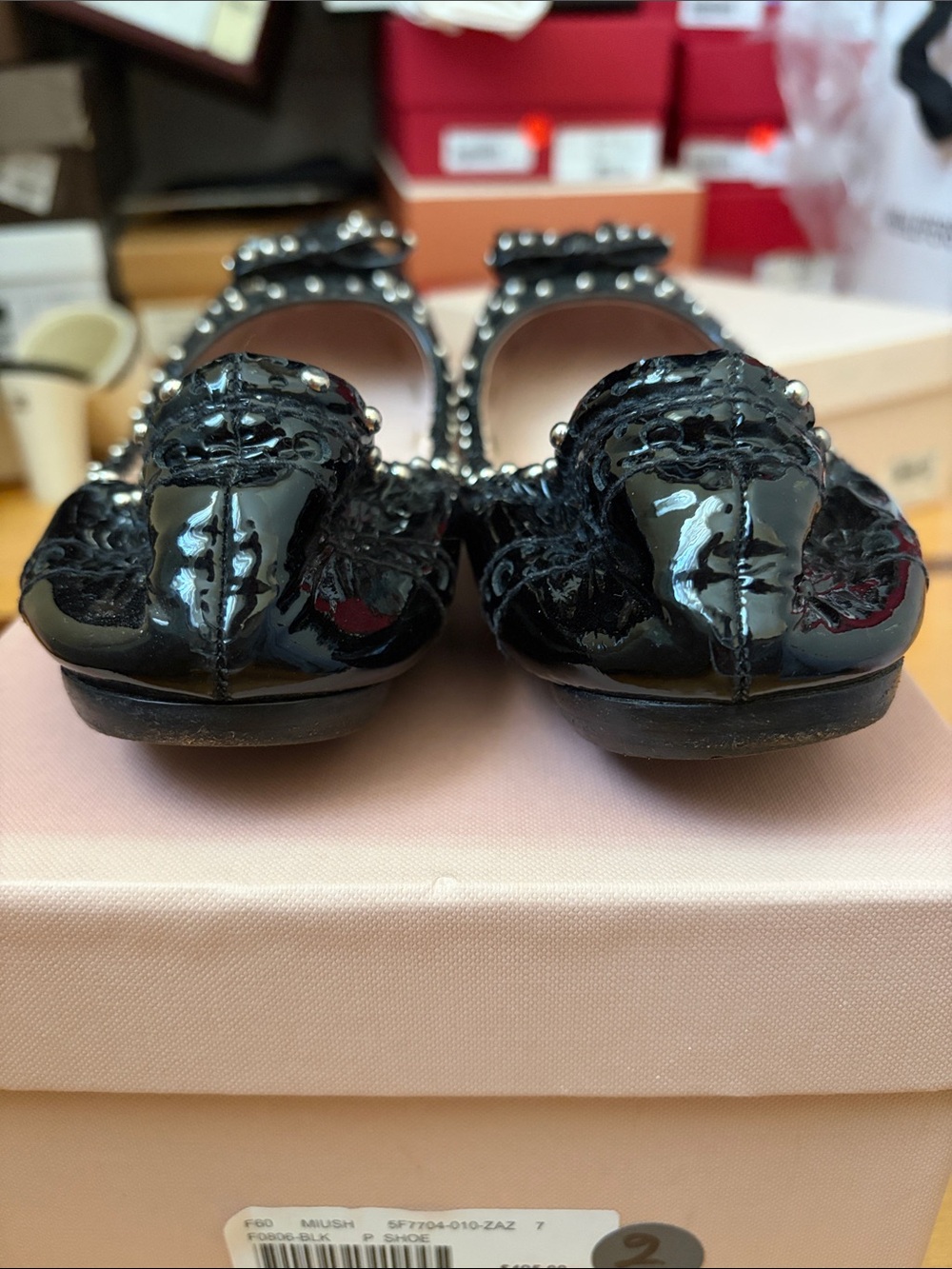 Miu Miu Black Patent Studded Bow Pointed Ballet Flats SIZE 37 - Picture 5 of 7
